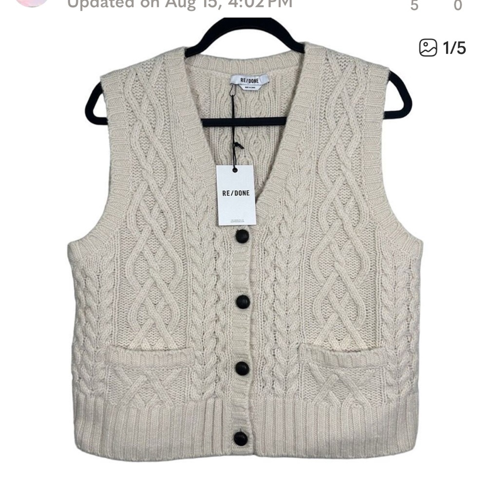 RE/DONE Large Ivory 100% Wool Leather Trim Cable Knit Button Front‎ Sweater Vest